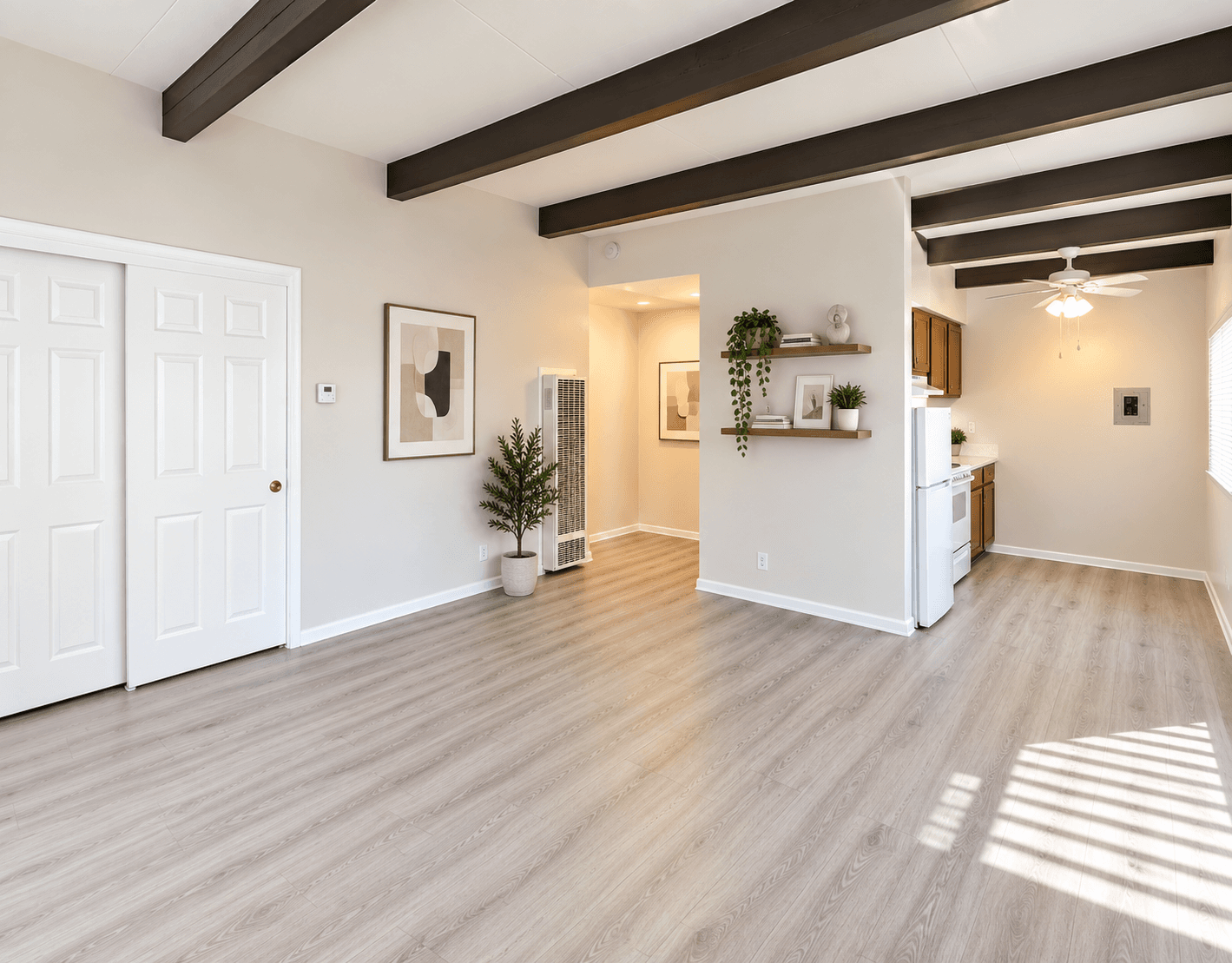 Studio interior showing closet space and the entrance to a private kitchen