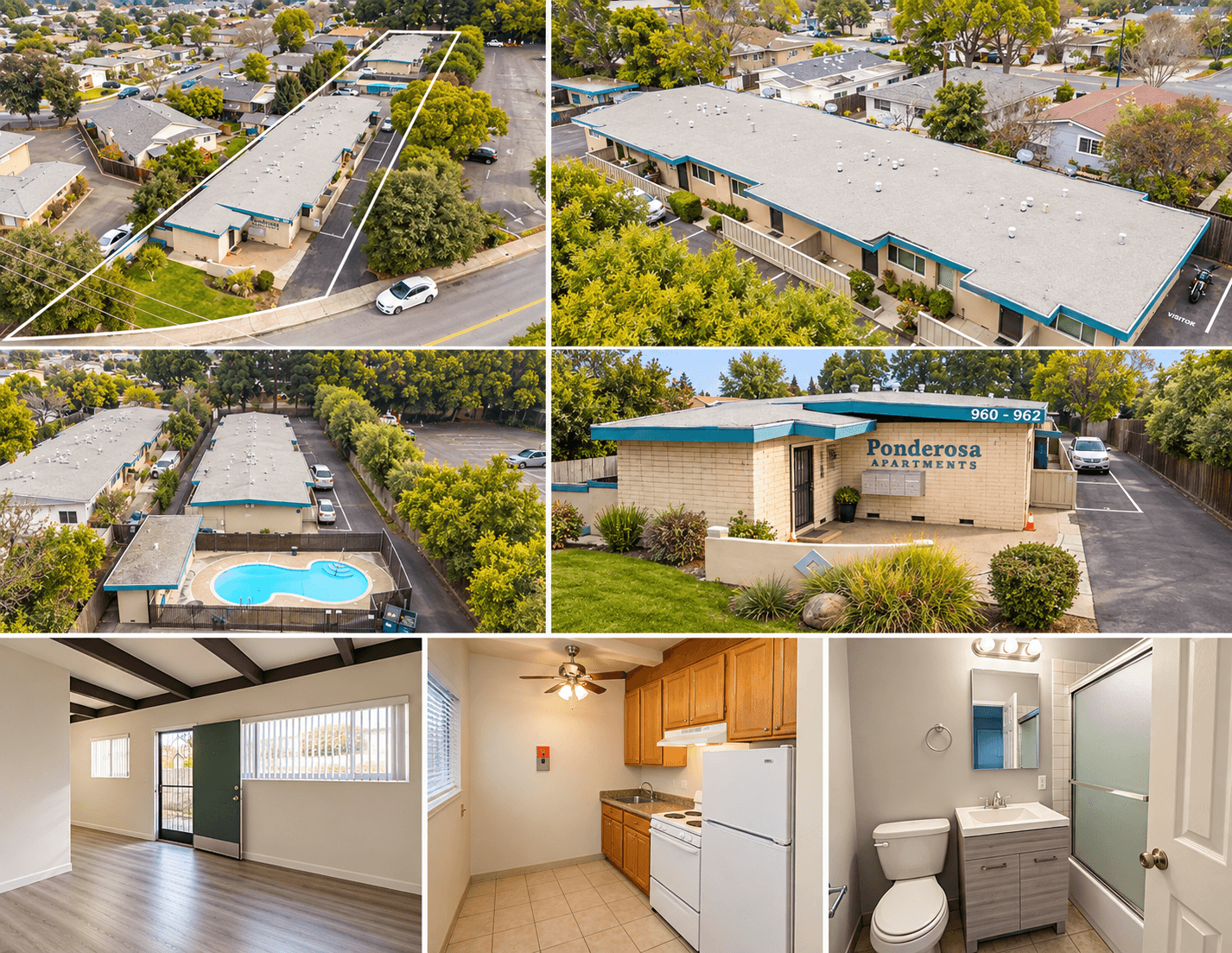 Seven-photo collage of Sunnyvale Greenbelt: aerial views, pool, entrance, studio, kitchen and bathroom